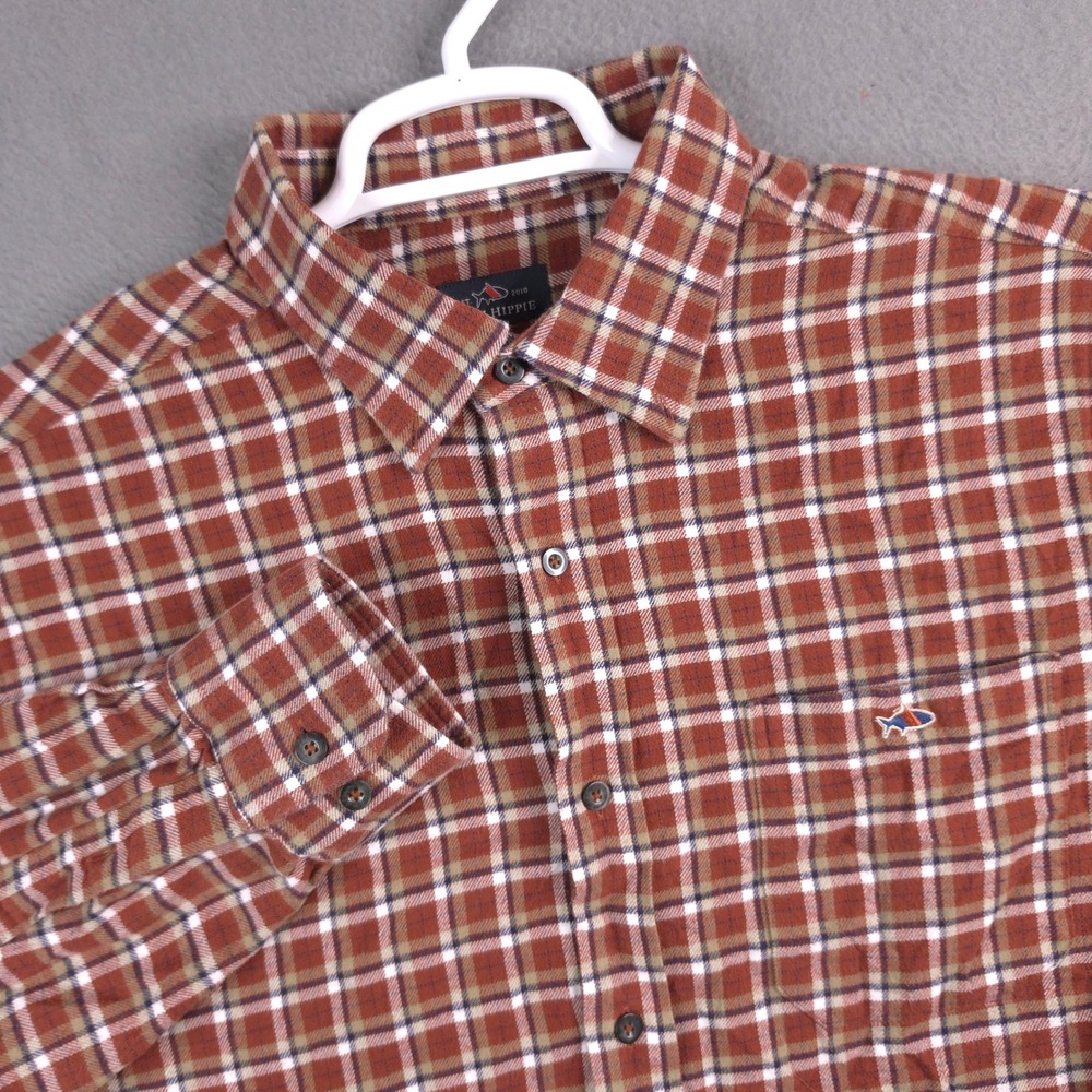 Fish Hippie Mens Large Long Sleeve Plaid Button Down Shirt Orange Brown Cotton